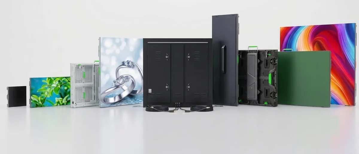 Illustration: LED-Wände und Cabinets verschiedener Serien nebeneinander, vom kleinen Indoor-Modul bis zur großen Outdoor-Wand